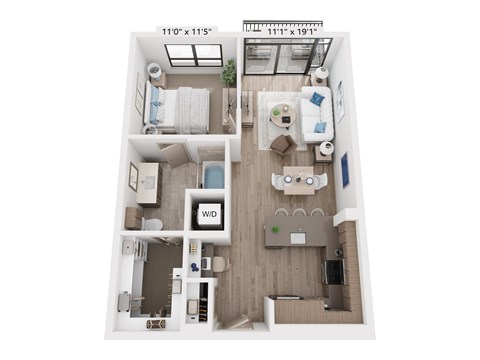 Floor plan for 1 bed, 1 bath, 750 sqft